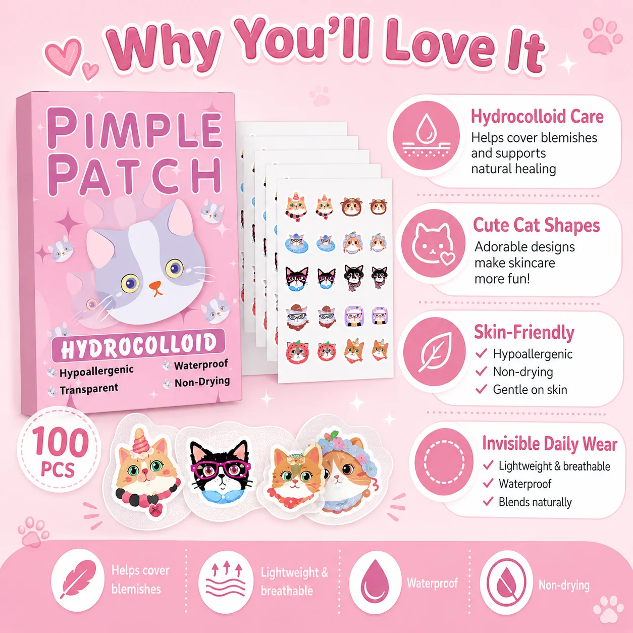 100pcs Cartoon acne patch, cute cat-shaped facial concealer acne patch, safe, non-toxic, gentle and non-irritating