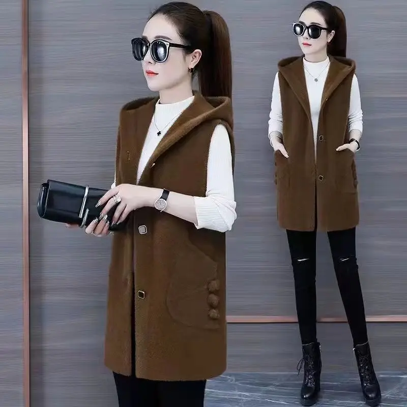 

Двусторонняя шерстяная жилетка женская демисезонная модная свободная куртка с капюшоном средней длины для повседневной носки