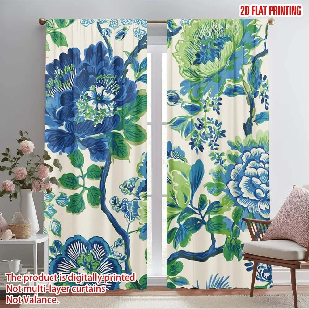 2pcs,2D plane printing Curtains Blue-Green Floral Symphony Polyester Easy Install (without rod) All Seasons Use for Bedroom &