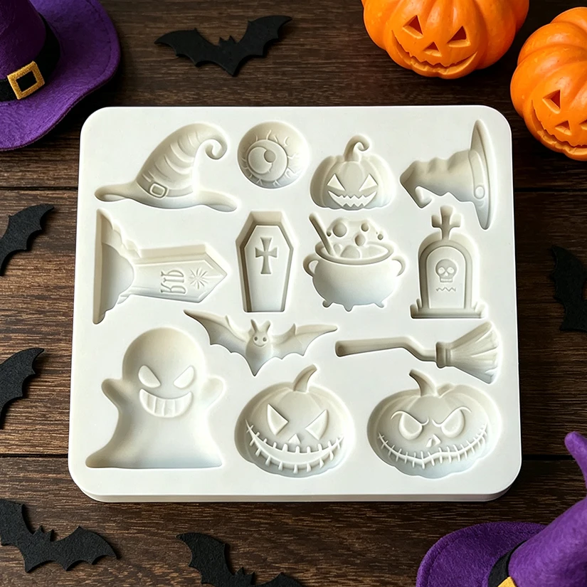Halloween Kürbis Geist Fledermaus Hexenhut Grabstein Silikonform für Zuckerguss, Harz, Cupcake-Backen, Fondant und Kuchendekoration – Detail 4