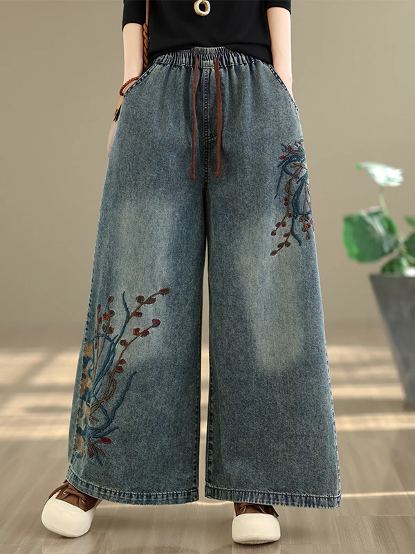 

Retro Washed Denim Jeans Women's New 2026 Spring Summer Elastic Waist Thin Loose Heavy Embroidery Casual Wide Leg Pants