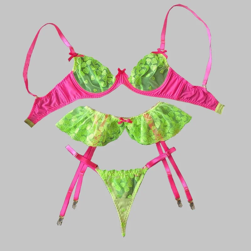 

New women's sexy fluorescent lace embroidered garter underwear set steel ring gathered bra mesh perspective thong lingerie set