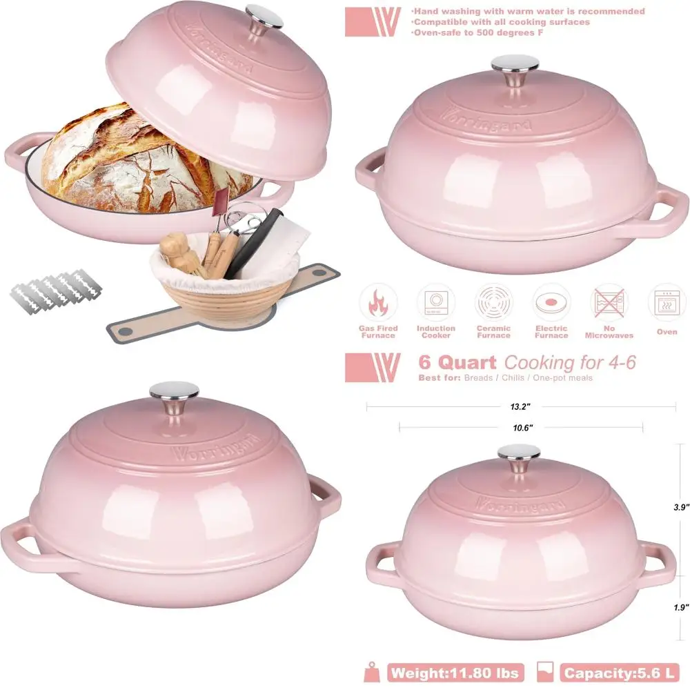 

Эмалированный чугунный голландский горшок для духовки с крышкой — идеально подходит для выпечки и расстойки хлеба на закваске, включая корзину для хлеба для выпечки