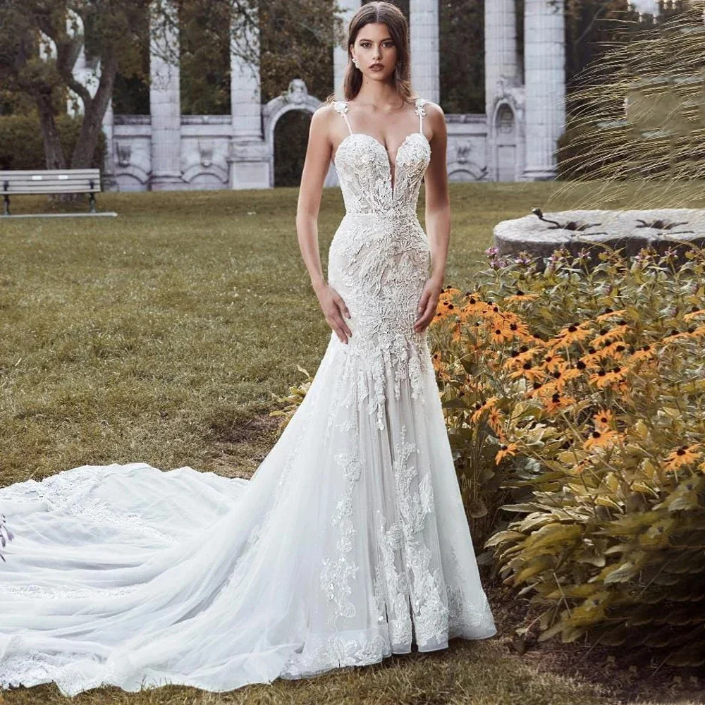 

Customized Mermaid Wedding Dresses Strapless Hammock Sleeveless Lace Wedding Dress High Quality Princess Bride Dresses