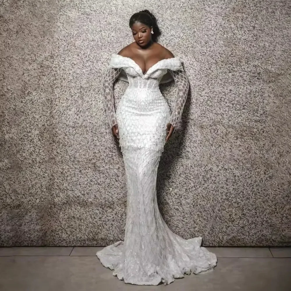 Luxurious Sparkling Lace Beaded Glitter African Women's Wedding Dress Sexy V-Neck Off Shoulder Vestido de Novia Boda Customized