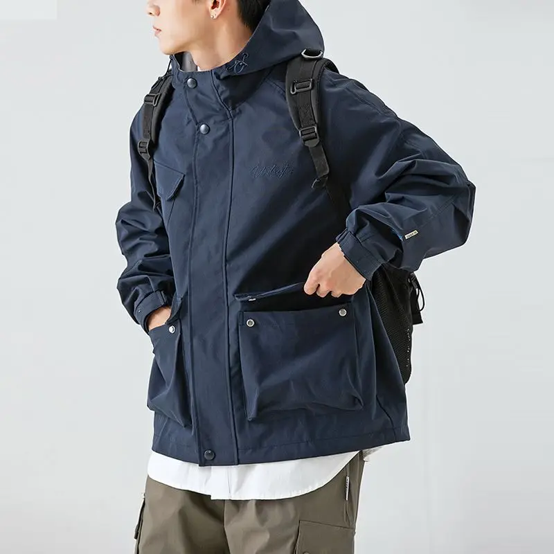 

Loose Men's Workwear Jaet Casual Autumn Outerwear Windproof Trousers with kets Zipper Closure Long Sve Youth Faion