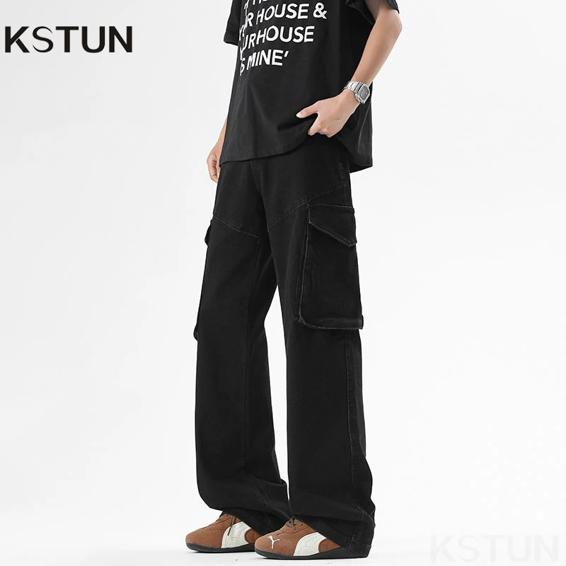 

KSTUN 2023, осенние джинсы-карго, мужские широкие брюки, черные свободные прямые брюки с несколькими карманами, дизайнерские винтажные уличные брюки