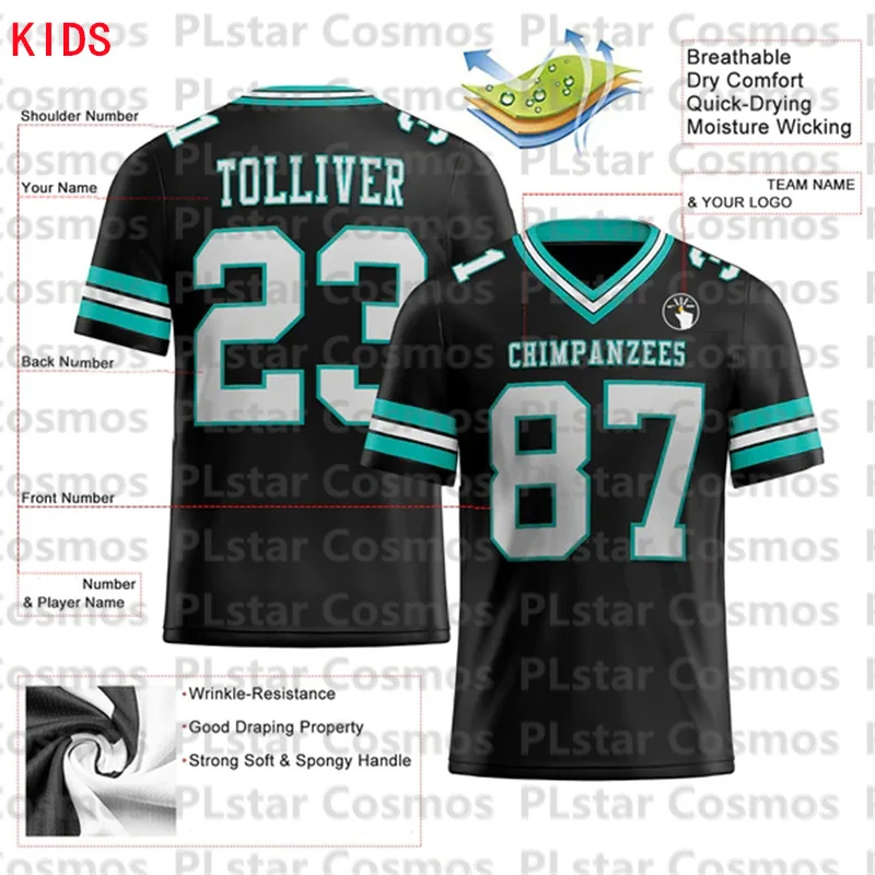 Custom Black White-Aqua Mesh Authentic Football Jersey 3D Printed Kids Football Jersey Boys Tops Girl Tees