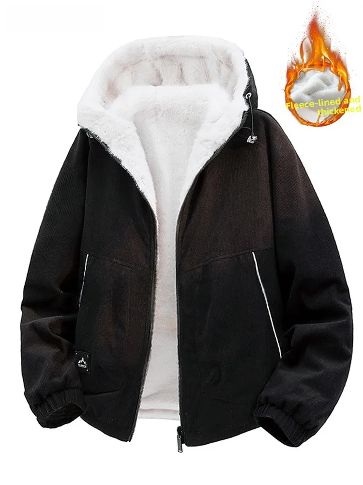 

Men's Hooded Thiened Fce Lined Double-sided Wear Loose Cotton Jaet Autumn Winter Warm Faion Urban Sle Zipper Closu...