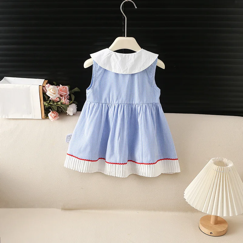 New Summer Girls Sweet Cherry Dress Cute Peter Pan Collar Plaid Sleeveless A Line Sundress 1-6Y Kids Daily Clothes