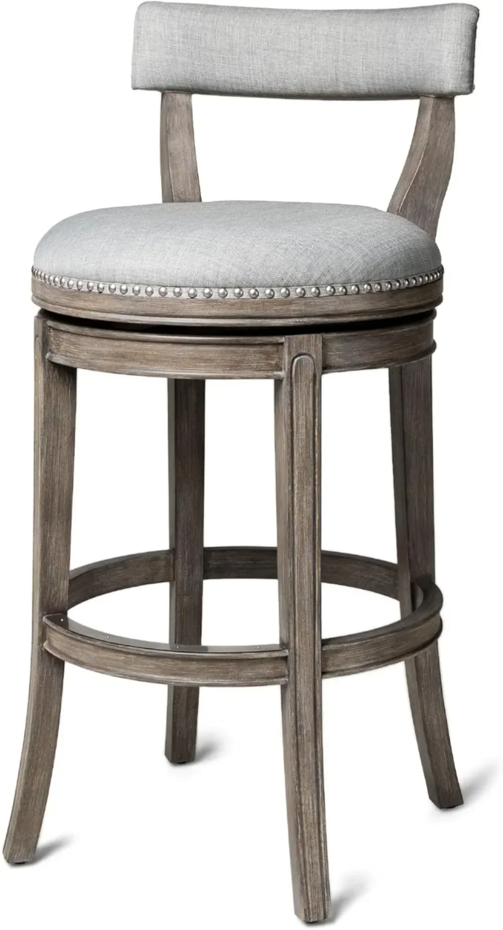 Maven Lane Alexander 31 Inch Tall Bar Height Rotating Low Back Barstool in Reclaimed Oak Finish with Ash Grey Fabric Upholstery