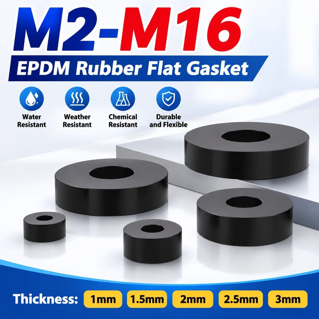 M2-M16 EPDM Rubber Flat Gasket Thick 1/1.5/2/2.5/3mm Acid Alkali Oil Resistant Screw Washer M3/M4/M5/M6/M7/M8/M9/M10/M12/M14/M15