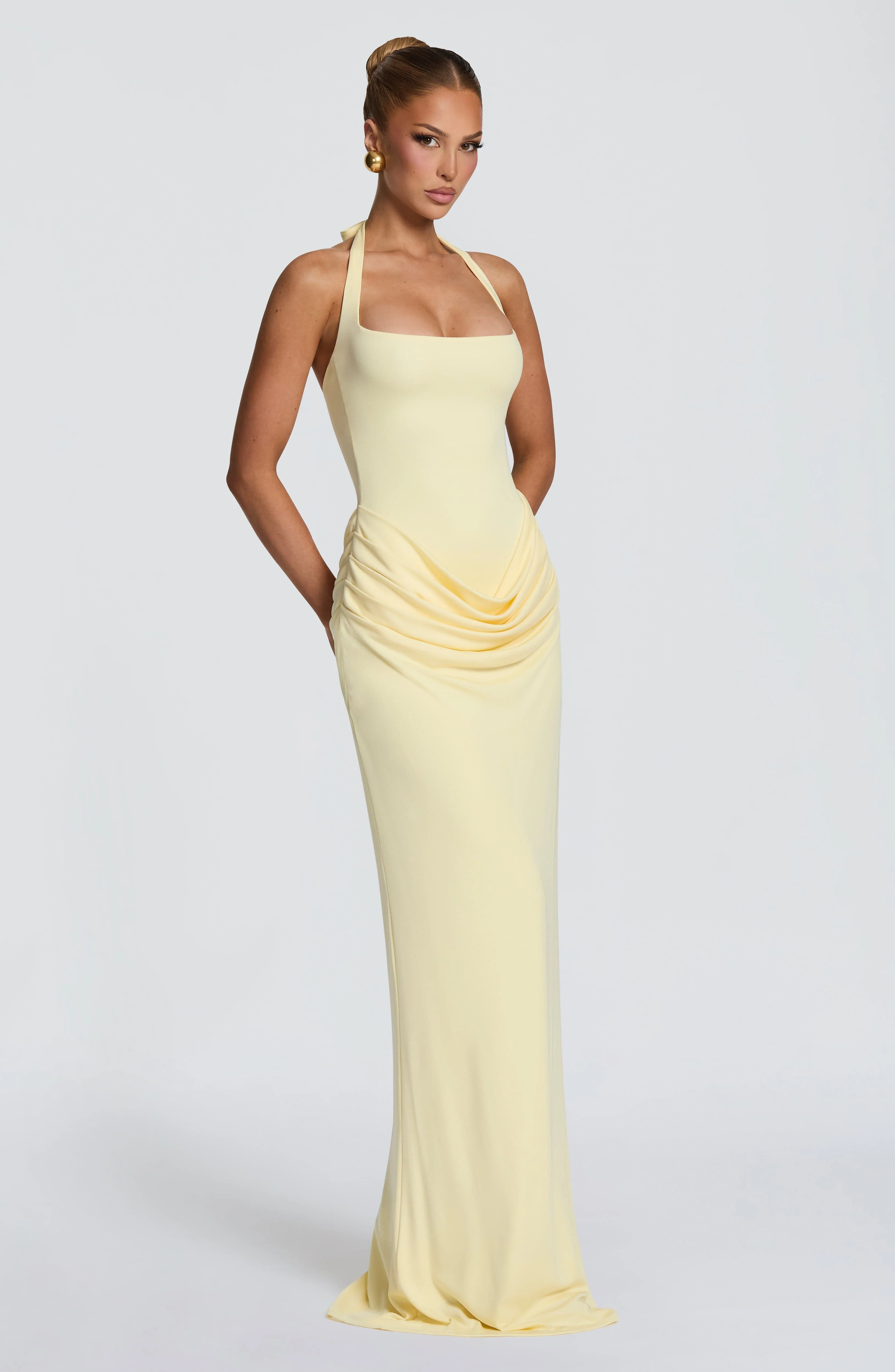 Halter Square Neck Maxi Dress Waist Draped Ruched Bodycon Mermaid Long Gown Elegant Wedding Guest Evening Party Women Dress view 3