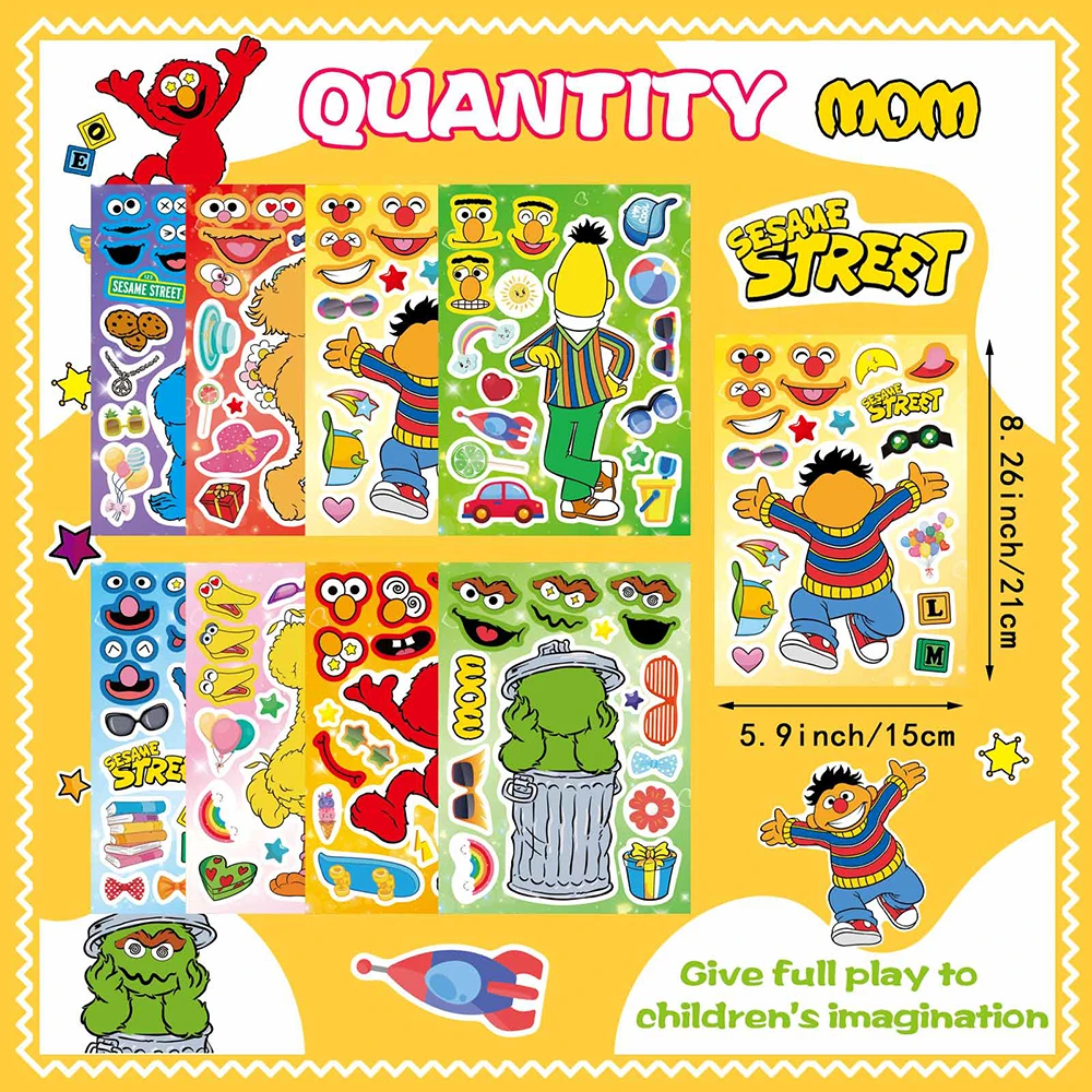 8/16Sheets Sesame Street Puzzle Stickers Make a Face Assemble Jigsaw DIY Cartoon Kids Education Toy Reward Party Decoration Gift