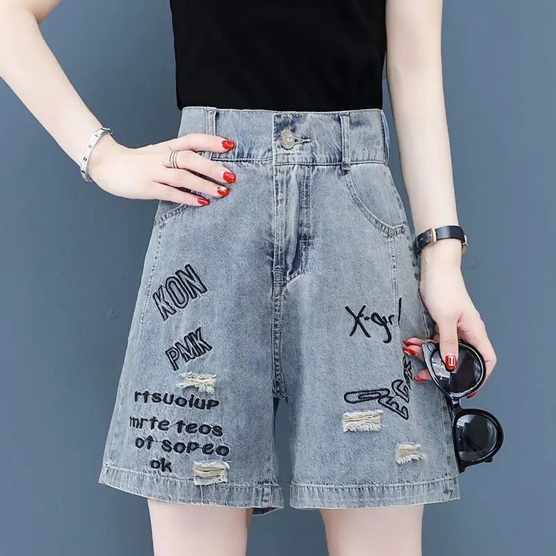 Denim Pant Women Jeans Wide Leg Short Pants Shorts High Waist Straight Trousers Y2k Streetwear Casual Loose Mom Jeans Summer