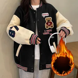Double Screw Hot Stamping and Velvet Baseball Jacket for Women New Hong Kong Style Teddy Bear Print Coat Student Loose Jacket
