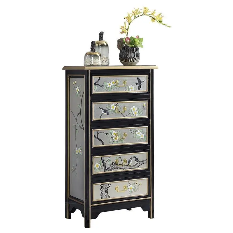 

Living room TV side cabinet painted flower and bird drawer locker, bedroom simple storage chest of drawers