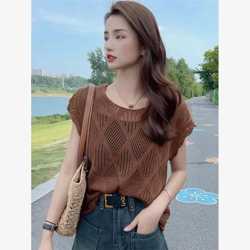 

Women's Hollow out ort Sve Knit Top Thin Bal Summer New Sle Korean Design round Ne Pullover Casual Faion