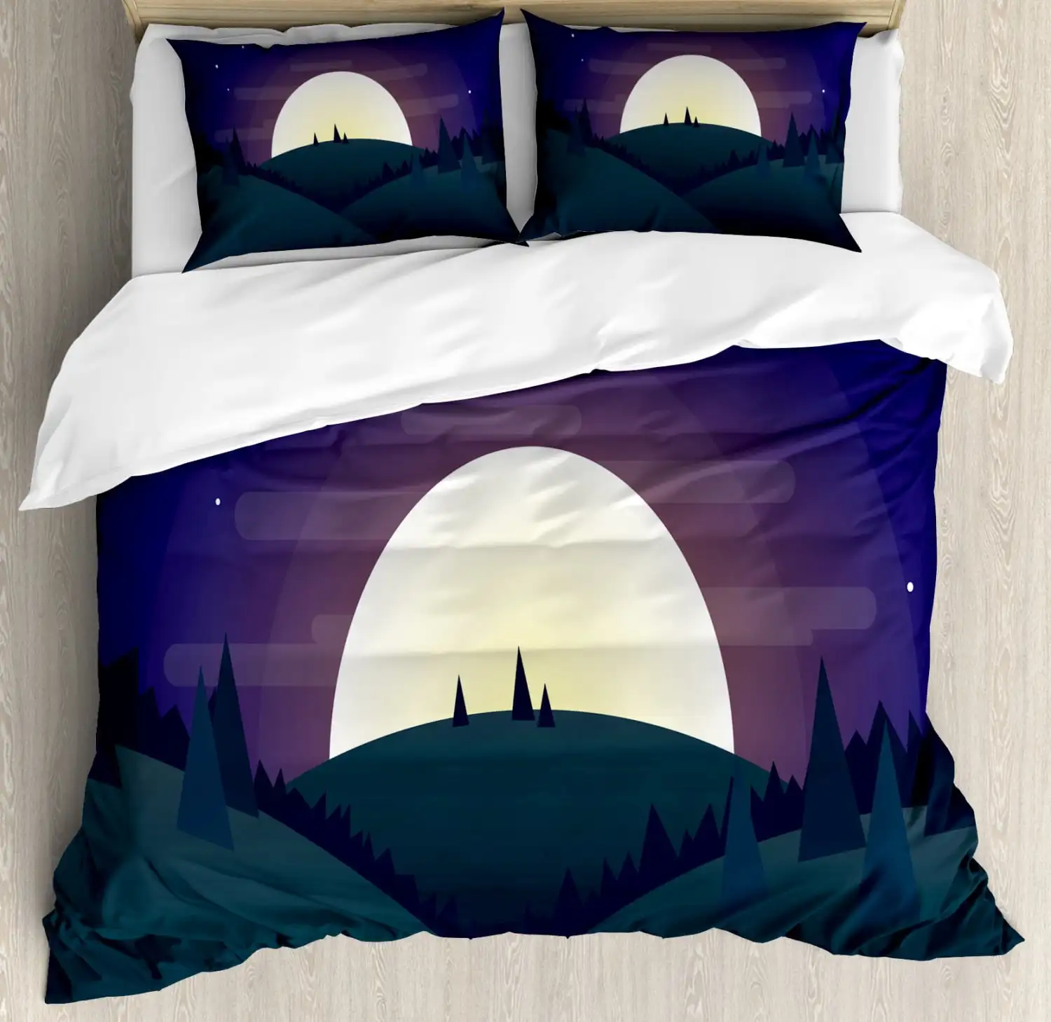 Fantasy Duvet Cover Set Queen Size, Enchanted Forest and Castle with Mushrooms Starry Night and Full Moon Footpath,comfortable
