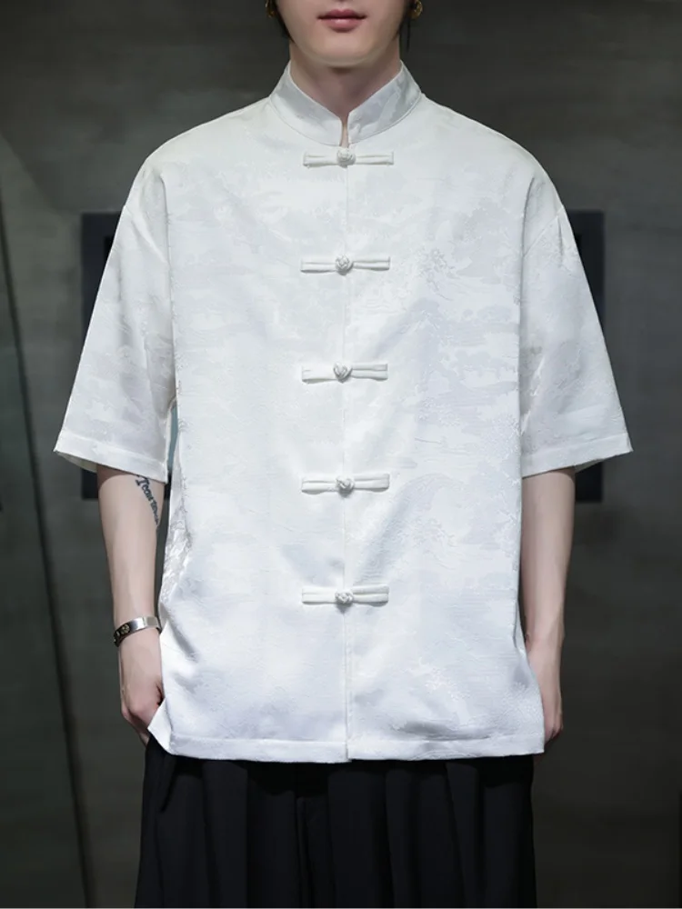 

Мужская рубашка свободного кроя с коротким рукавом, вышивкой в китайском стиле, на пуговицах, летняя повседневная одежда, тонкая ткань, ощущение прохлады