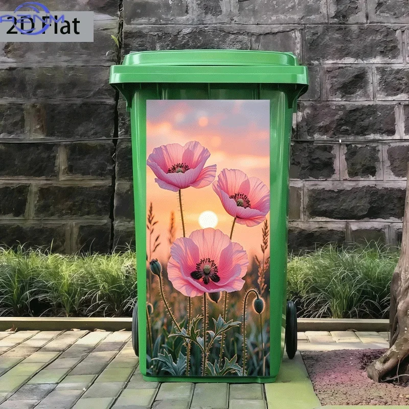 of Trash Can Sticker in Printing, Measuring 37×82 Cm, Featuring a Theme Design of 'Pink Poppy Under The Sunset'. This Self-Adh