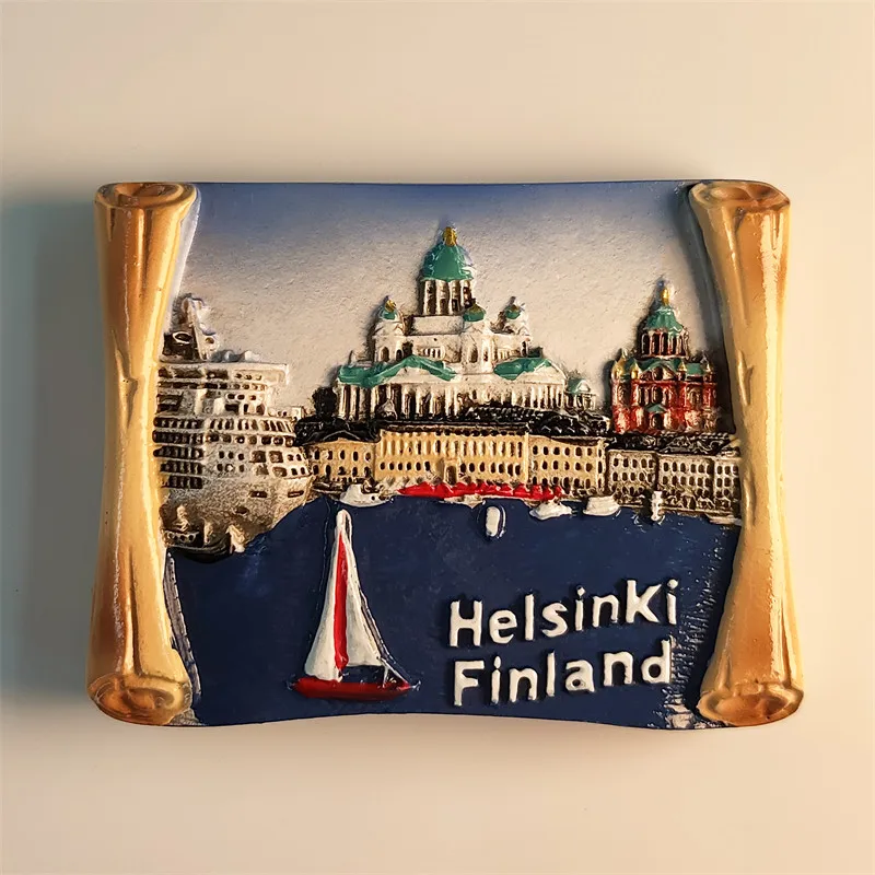 Helsinki, Finland: Tourist souvenirs, handmade painted decorative magnetic refrigerator magnets, made of resin.