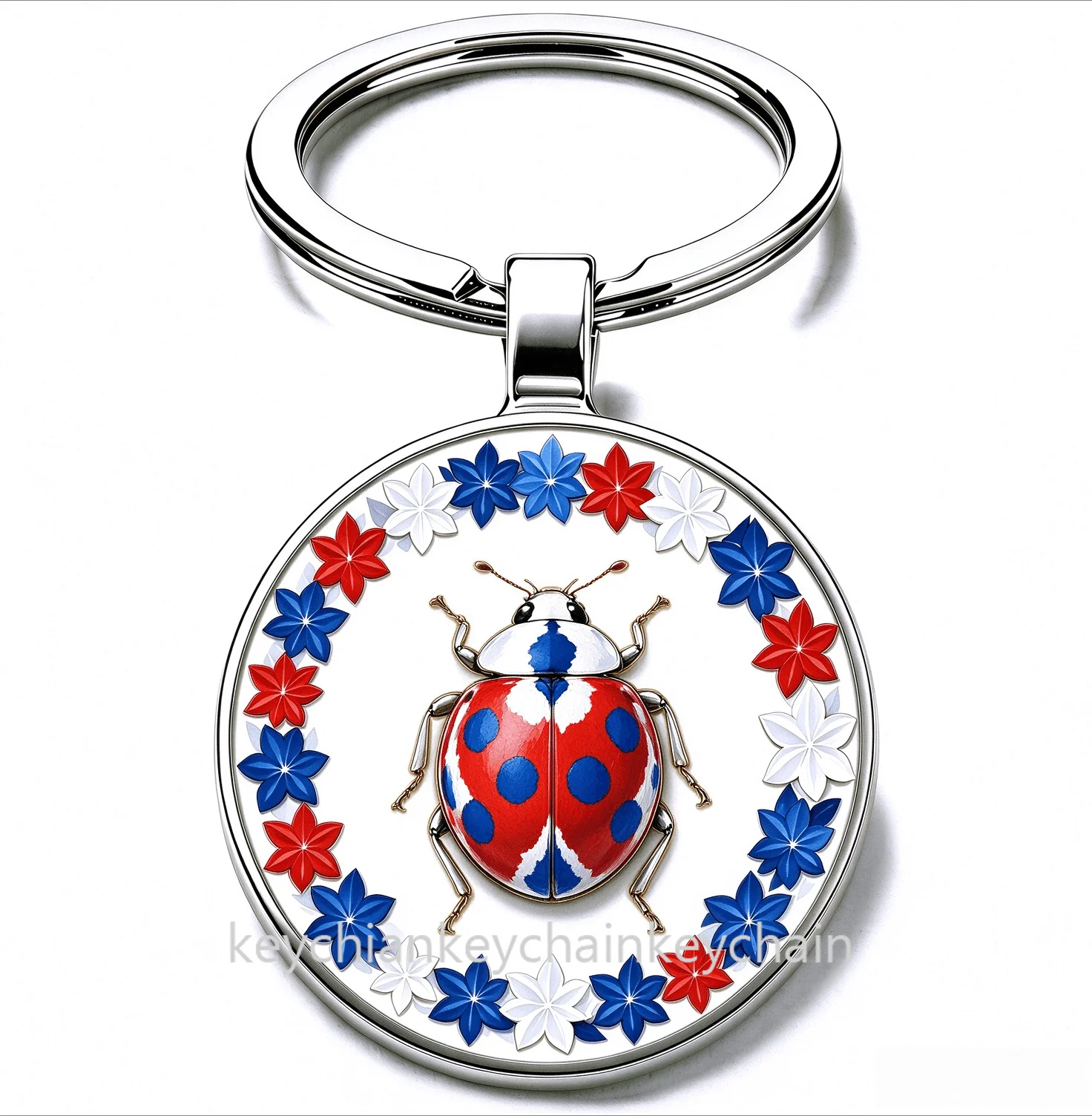 small Ladybug Key Ring Red White Blue Floral Wreath Round Metal Keychain