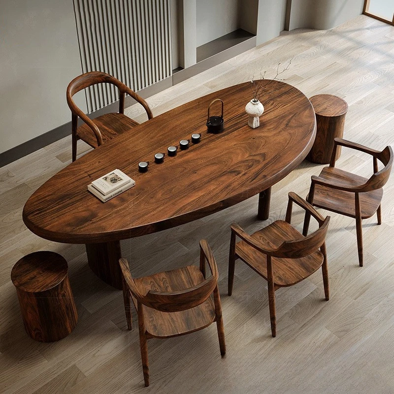 

High-end walnut tea and chair combination tea curved creative living room home coffee balcony log tea table