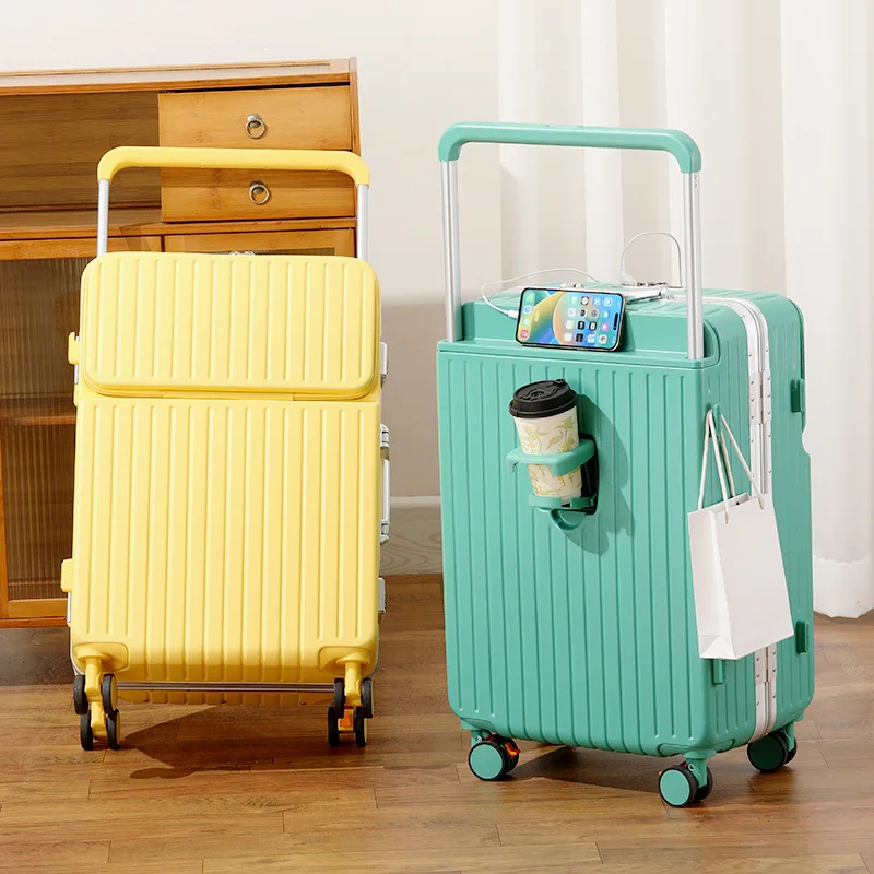 جديد الألومنيوم الإطار الجبهة افتتاح واسعة حقيبة تروللي بعجلات 20 بوصة الناقل متعددة الوظائف 26/28 حقائب سفر سعة كبيرة