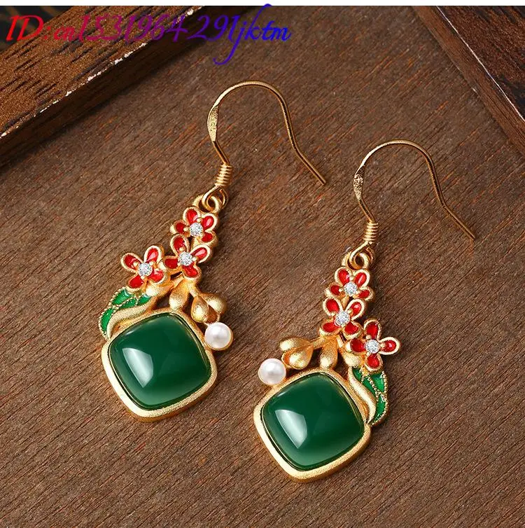 الأخضر الطبيعي اليشم زهرة الأقراط الاكسسوارات خمر سحر 18K مطلية بالذهب مصمم الأزياء الفاخرة التعويذات المجوهرات الحقيقية #5