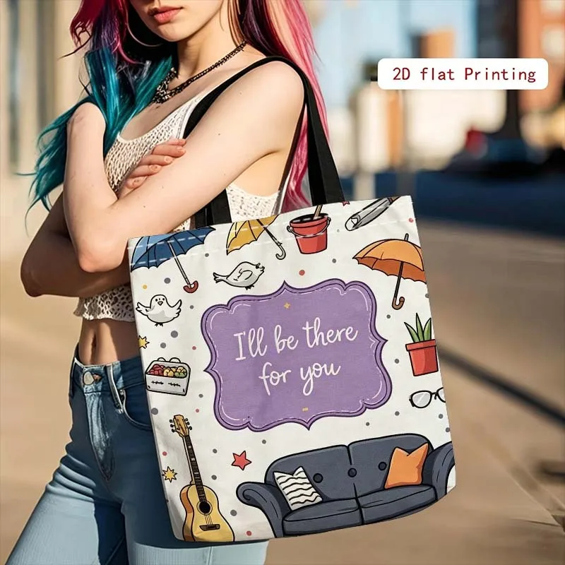 1pc [Tote Bag] 2D Flat Effect, Fresh And Youthful Friends Cartoon Illustration Text Pattern Tote Bag, New Large Capacity, Suitab