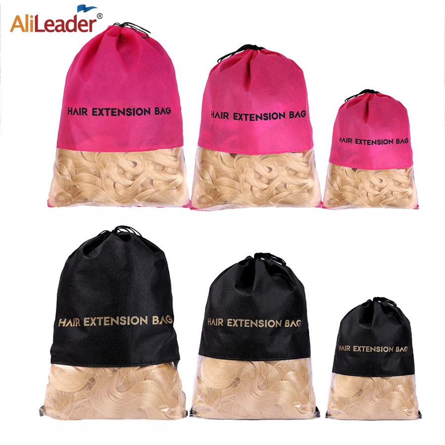 Alileader Portable Wig Storage Bag For Hair Extensinon Black Pink Non-Woven Bags For Hair Wig Accessories Hair Wig Storage Bags