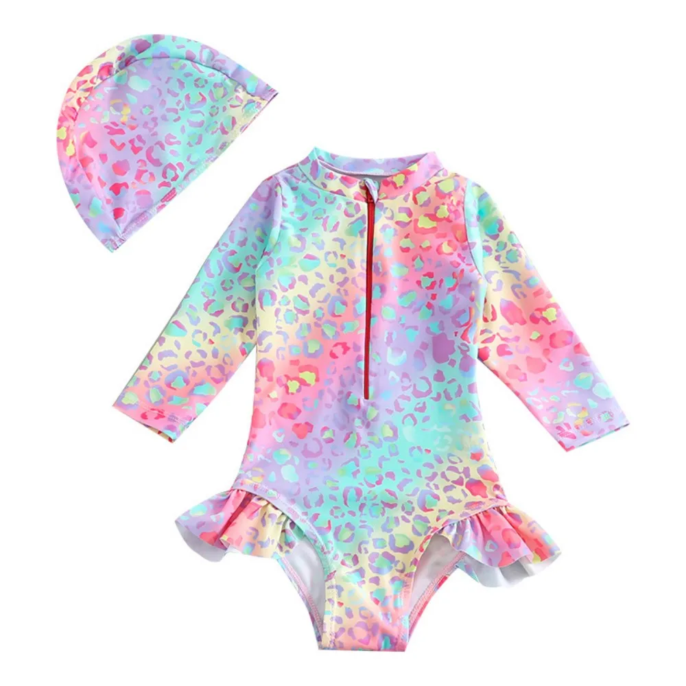 Kids Girls One Piece Swimsuit Gradient Leopard Print Long Sleeve Zipper Bathing Suit with Swim Cap UV Protection Beachwear