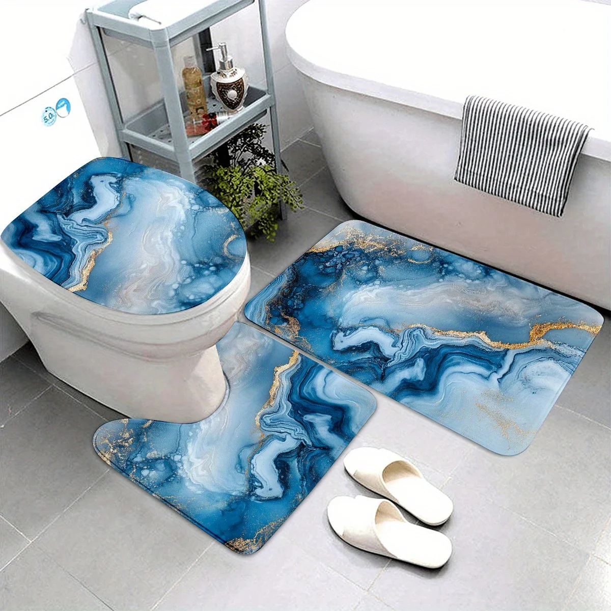 

3pc Exquisite marble texture bathroom decoration, non-slip mat, toilet lid mat, U-shaped mat, polyester fabric, machine washable