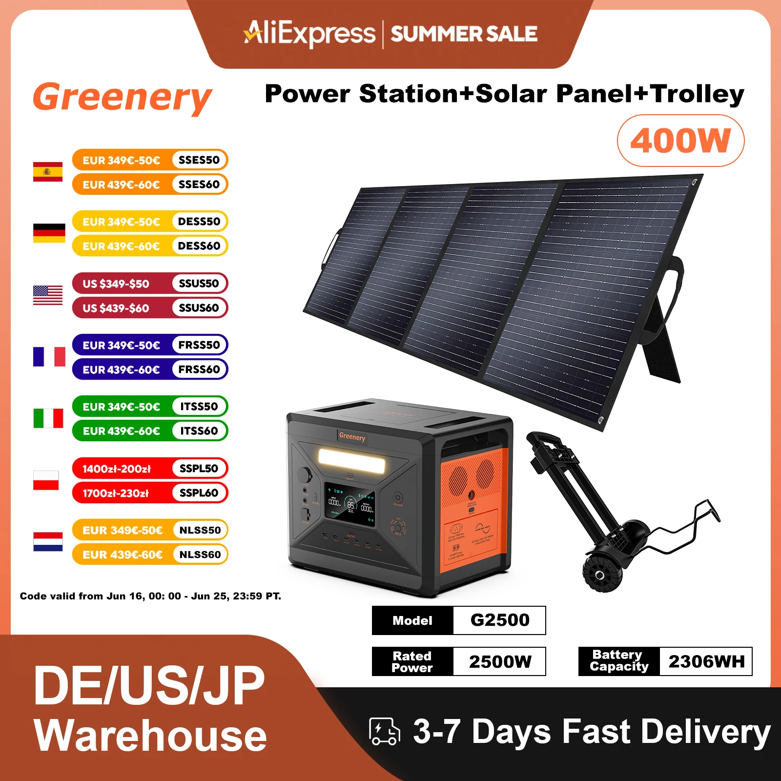 

Greenery G2500 Portable Generator 2304Wh Outdoor LiFePO4 Power Station Station with 1/2 X 400W Solar Panels Trolley For Camping
