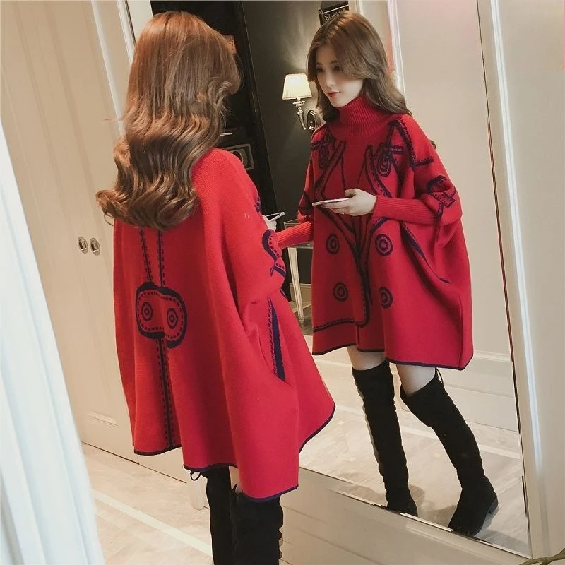 

Sweater Cloak Women Femme Autumn Winter New Korean Of The Long High Collar Loose Cape Pullover Female Bat Shirt Poncho