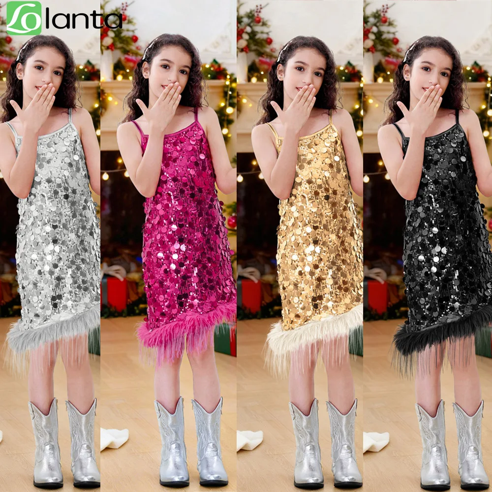 LOlanta Girls Sequin Dress Kids Sparkly Gown for Wedding Birthday Party with Spaghetti Strap Detachable Feather Hem 7-13Years
