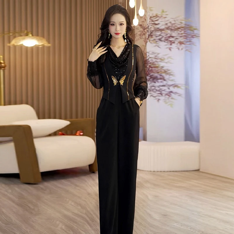 

Комбинезон с высокой талией и широкими штанинами, женский весенне-осенний модный костюм с прямыми штанинами, высококачественное полиэфирное волокно на молнии, Cl...