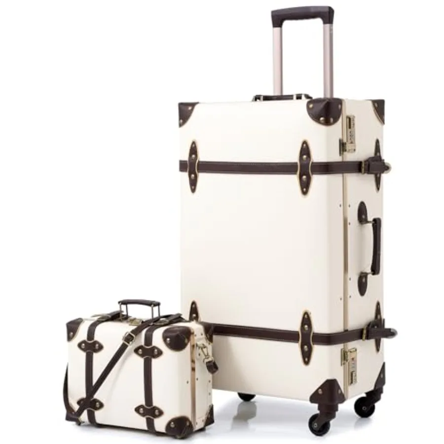 

Vintage luggage set for travel: aluminum frame, vegan leather, clear cover included, retro design spinner trunk with cosmetic c