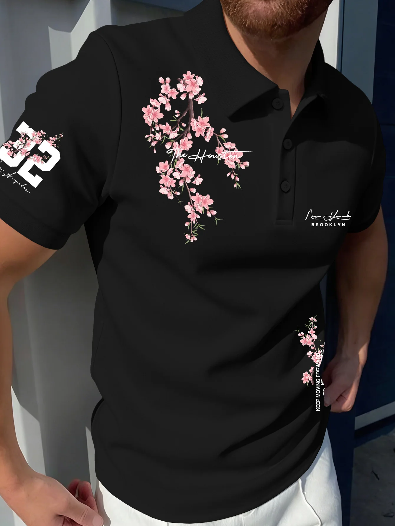 European and American adult men's cherry blossom branches adorned with handwritten font lapel short sleeved polo shirt