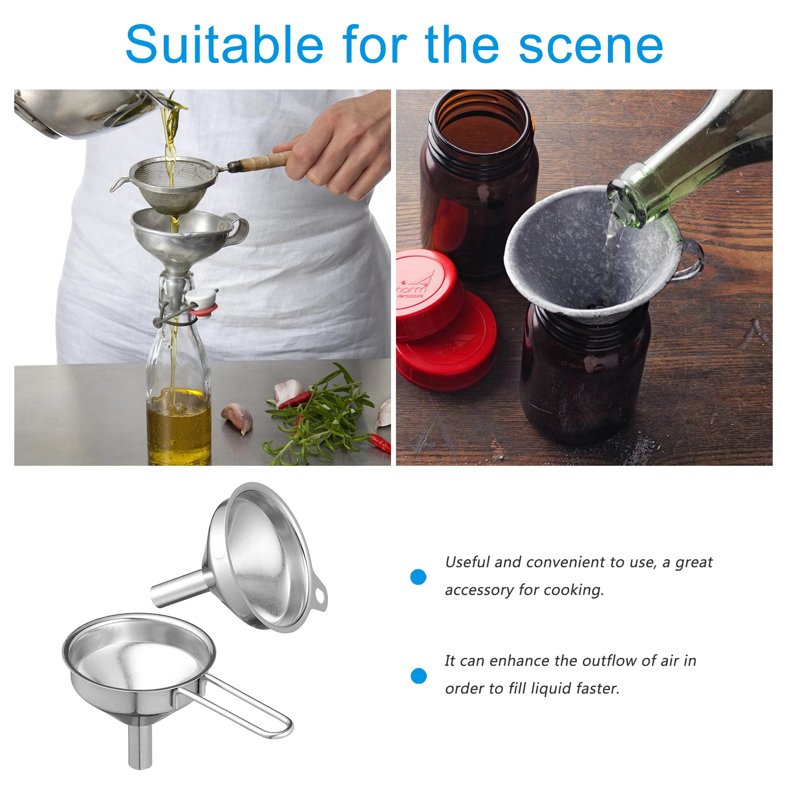 

2Pcs Stainless Steel Funnel Kitchen Cooking Tools Detachable Flasks Filter for Home Use Oil Soy Sauce