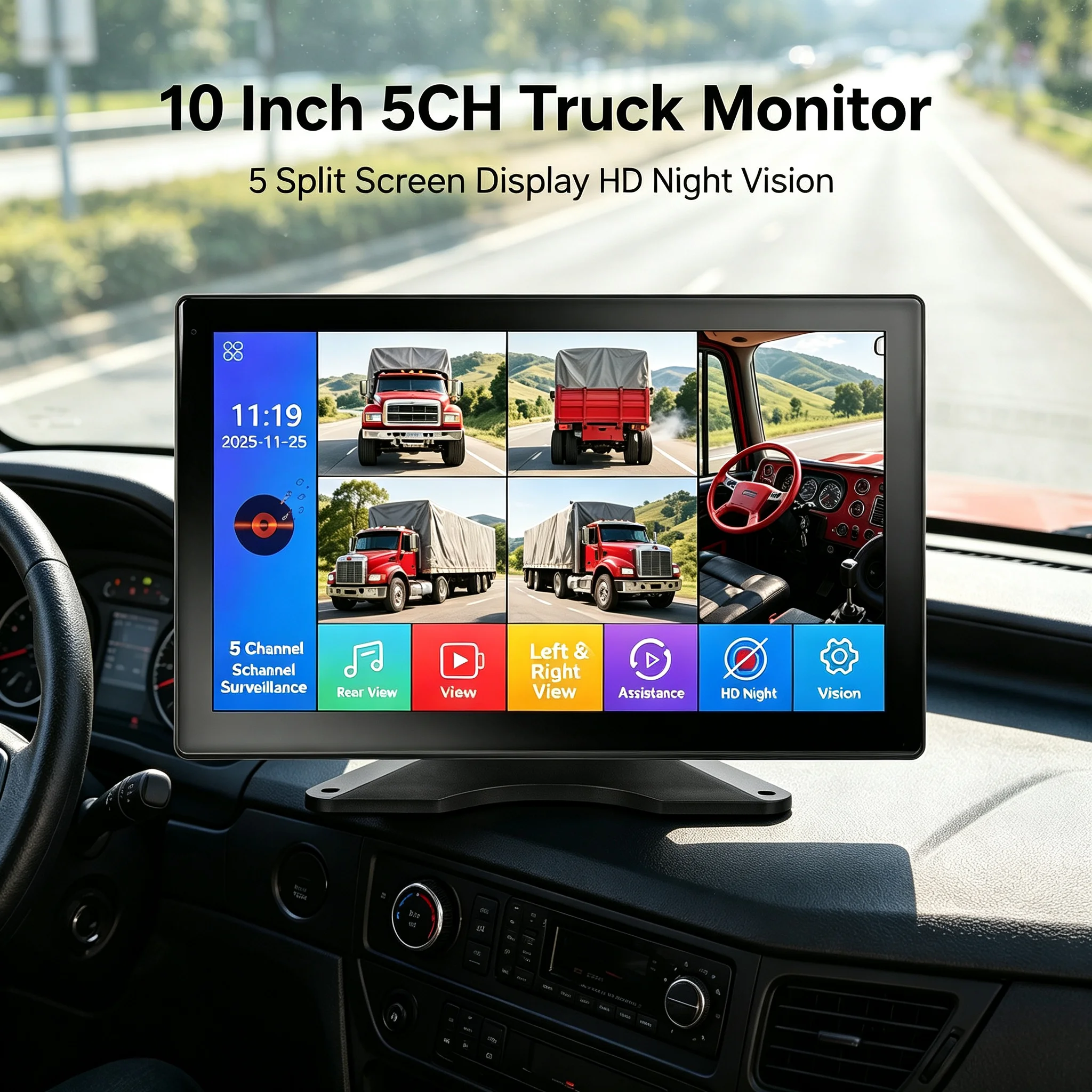 10 Inch X19 Truck Monitor IPS 1024*600 AHD 4CH Split Screen Voice Control MP5 2.5D Touch Screen With Camera & Wiring Kit