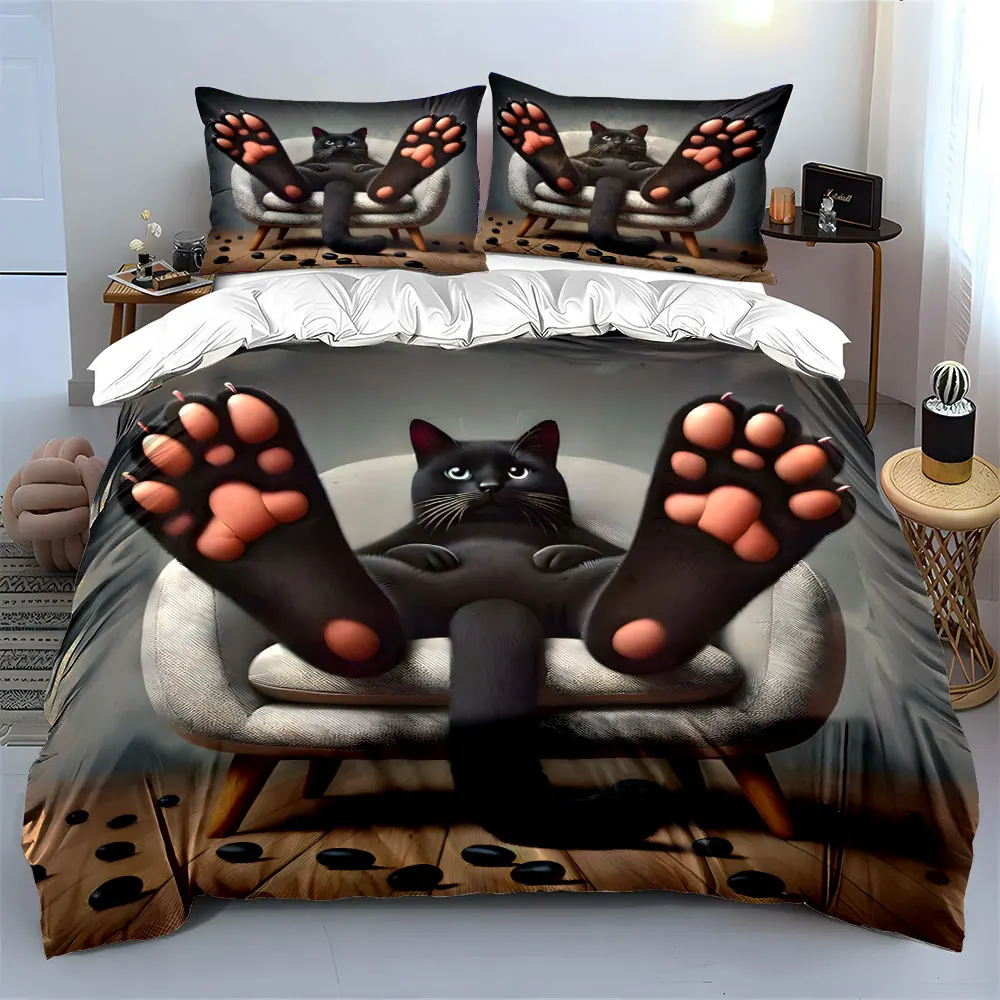 Cute Lazy Black Cat Big Pink Paw Bedding Set 3pcs, Cartoon Kitty Relax On Sofa Print 1 Duvet Cover And 2 Pillowcase, Gift