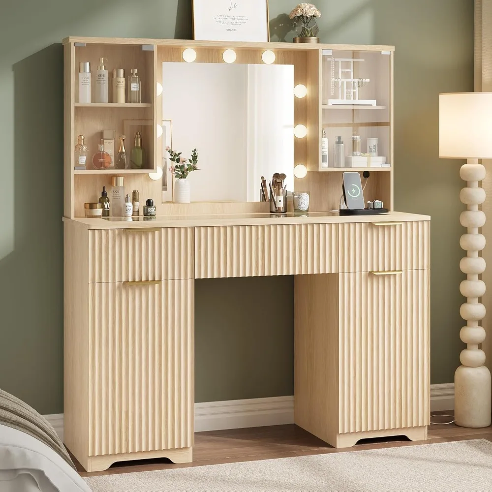 مكتب مكياج مخدد مع مرآة وأضواء، زينة خشبية مقاس 48 بوصة، وطاولة تزيين مع 3 أدراج وأرفف قابلة للتعديل، زجاج