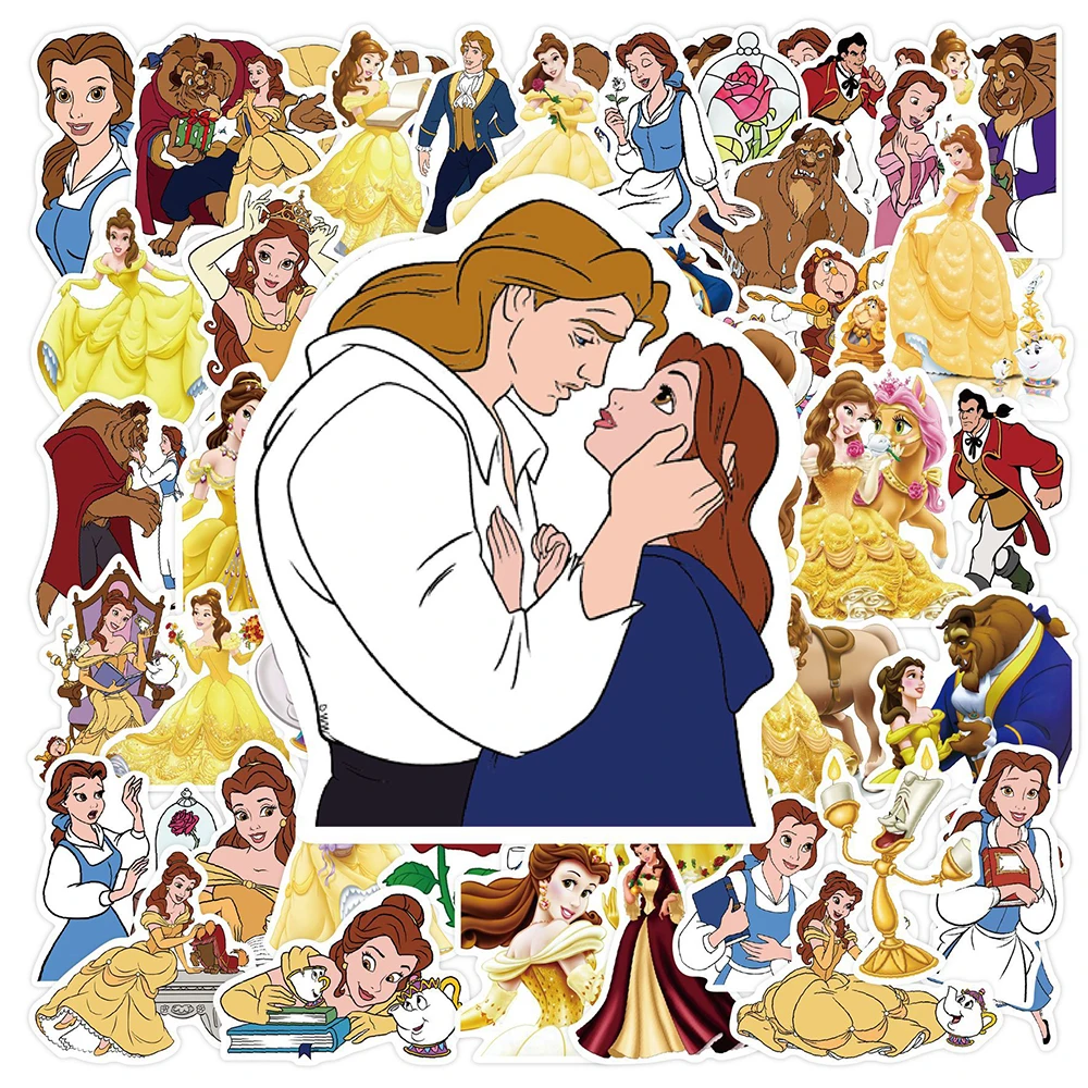 Disney Princess Beauty and The Beast Adesivos para Crianças, Brinquedo Decalque, DIY, Skate, Laptop, Telefone, Desenhos animados bonitos, Adesivo Anime, 10 pcs, 30 pcs, 50pcs