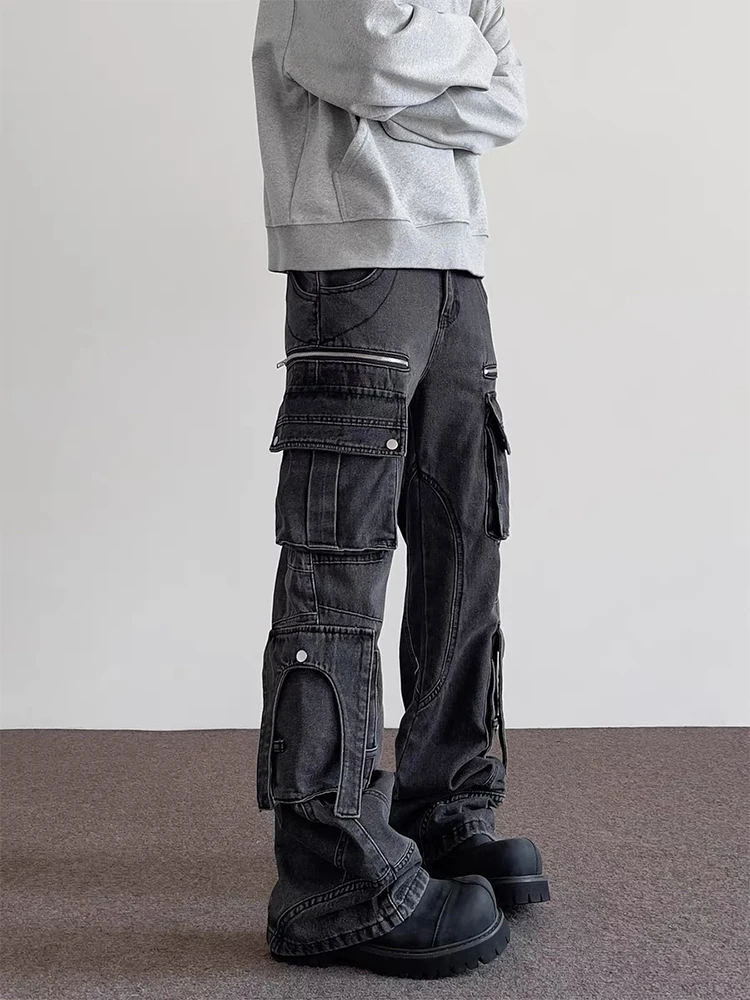 

American Retro Cannonball Men's Jeans Autumn Winter High Street Multi Pocket Workwear Straight Leg Long Trousers