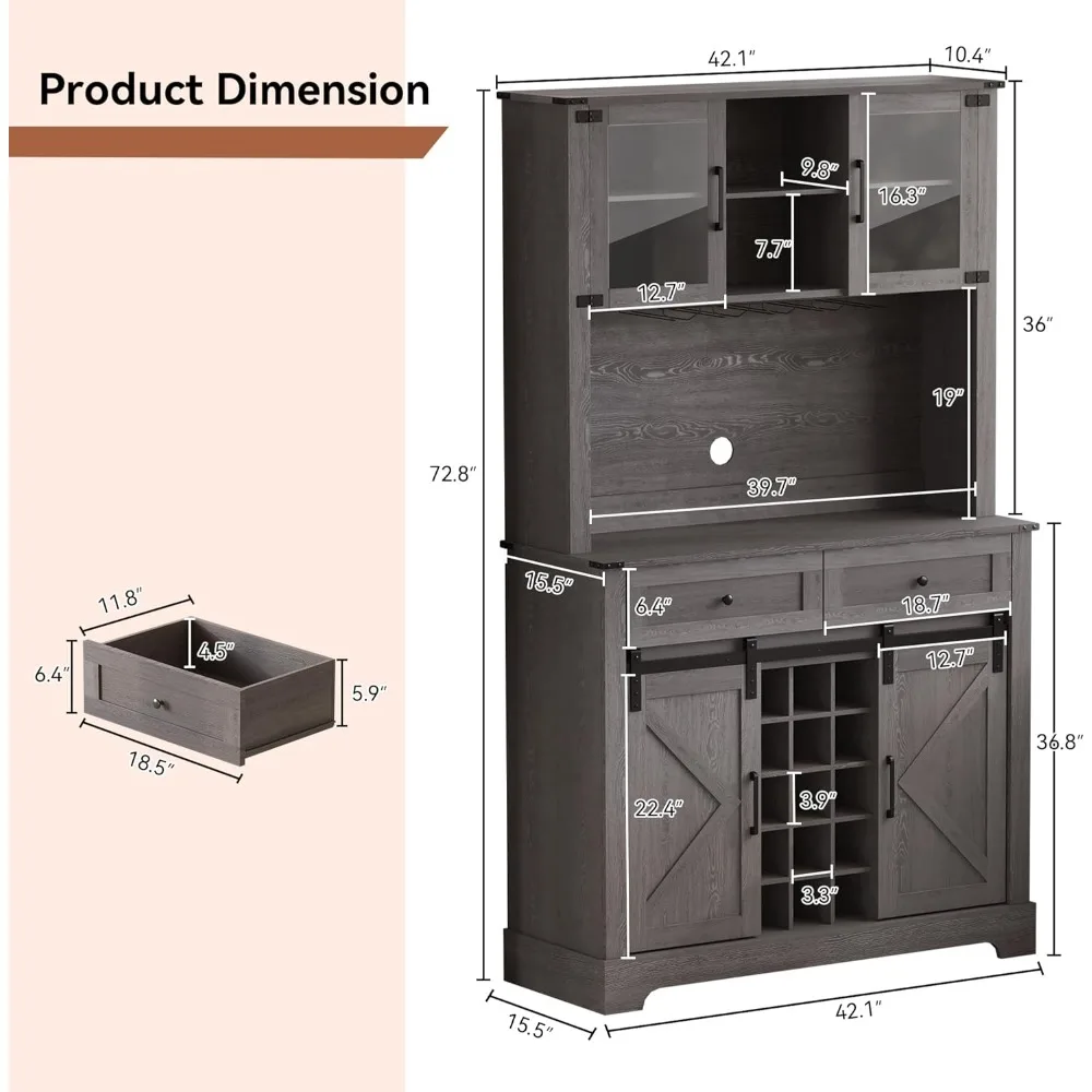 Armário de bar de vinho com porta deslizante de celeiro, armário de gaiola de 72 "com rack de vinho e óculos, armário alto de buffet de despensa de cozinha com gavetas