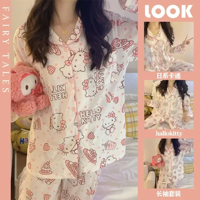 Cute Sanrio Hello Kitty Cinnamoroll Pajamas Set Kuromi for Woman Cotton Long Sleeve Sleepwear Suit Sexy Home Wear Clothes Girl