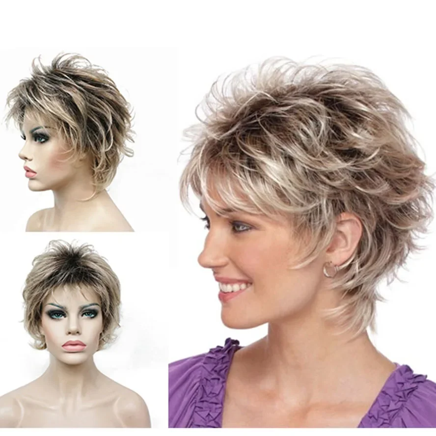 StrongBeauty Women's Synthetic Wigs Layered Short Straight Pixie Cut Bloned Mix Natura Full Wig