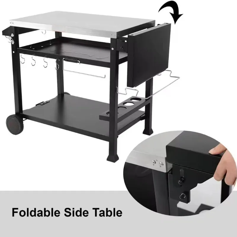 รถเข็นอาหารสแตนเลสมัลติฟังก์ชั่นรถเข็นบาร์บีคิวเตาอบพิซซ่ากลางแจ้งโต๊ะรับประทานอาหารพับได้